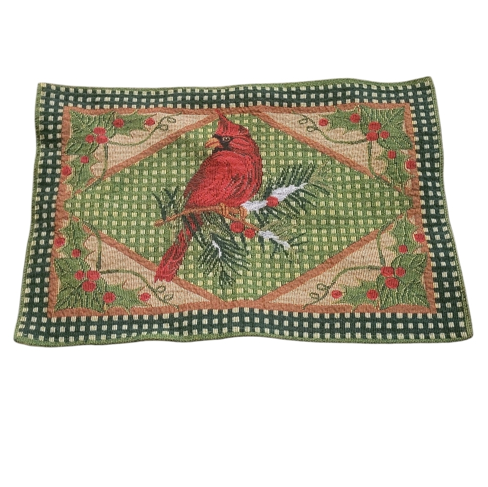 Cardinal Christmas Tapestry Placemat Holiday Berries & Pine Design